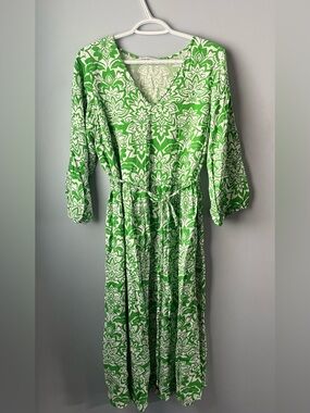 Yours Green & White Floral V-Neck 3/4 Sleeve Flowy Midi Dress Tie Belt Size 14